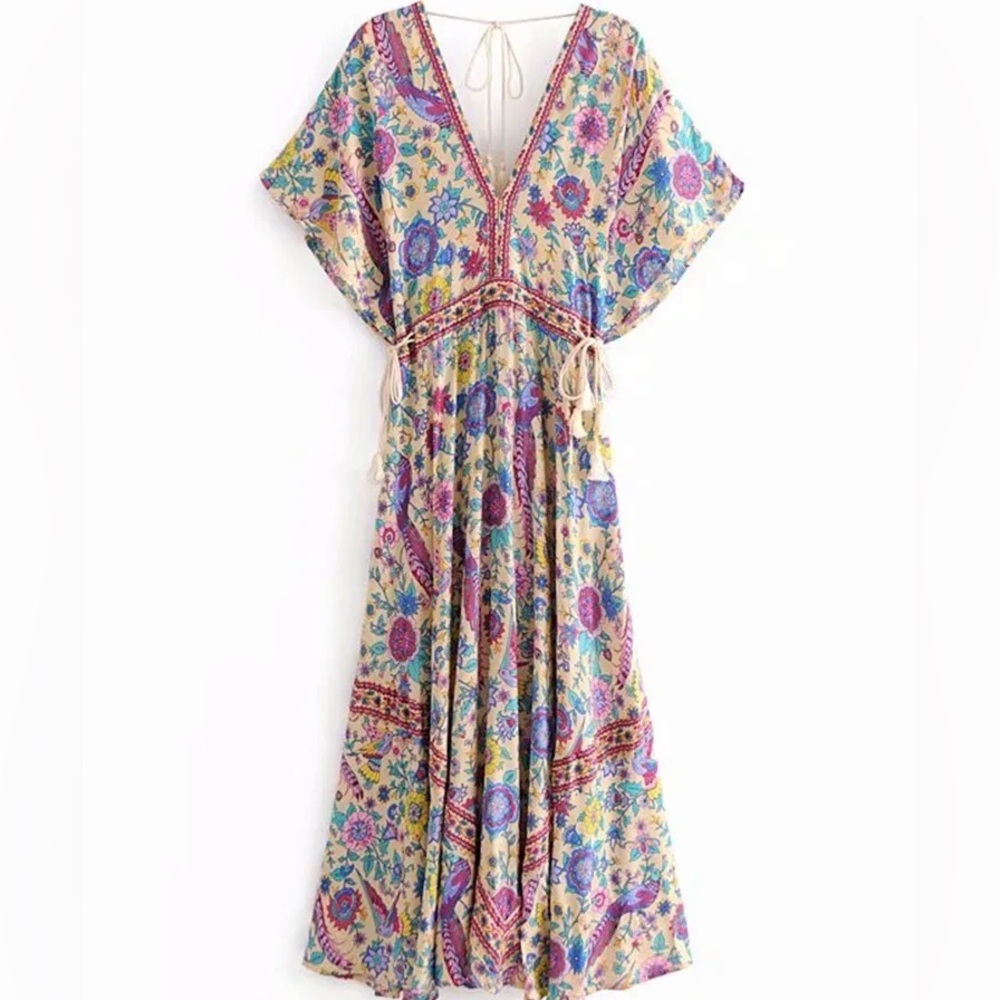 Bohemian dress floral beach maxi tie v-neck flow peacock summer multicolor rope - Picture 7 of 7